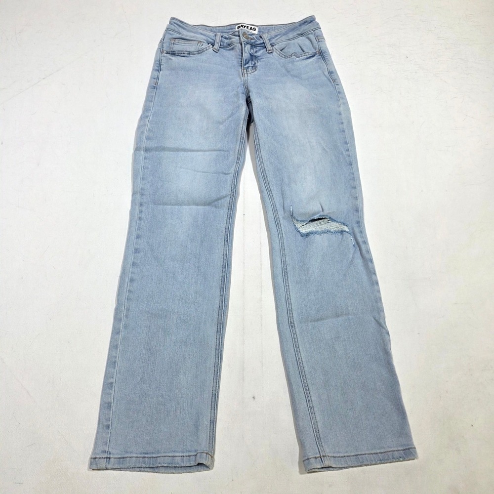 Bayeas Jeans Womens 27 Light Wash Blue Distressed Straight Leg Denim Authentic